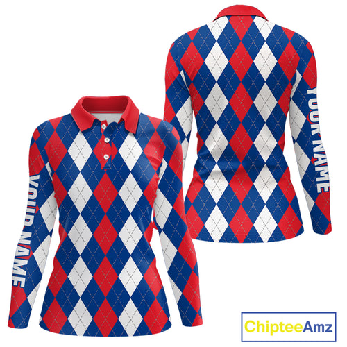Women golf polo shirt custom red, white and blue argyle plaid pattern golf attire for ladies NQS9847