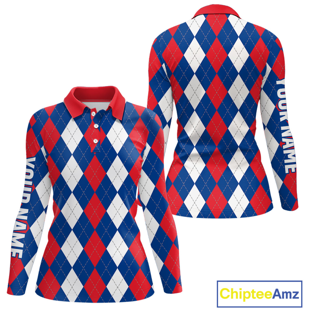 Women golf polo shirt custom red, white and blue argyle plaid pattern golf attire for ladies NQS9847