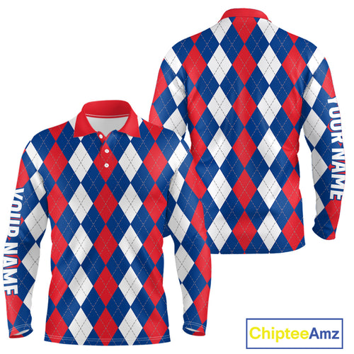 Mens golf polo shirt custom red, white and blue argyle plaid pattern golf attire for men NQS9847