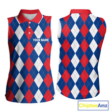 Load image into Gallery viewer, Women sleeveless polo shirt custom red, white and blue argyle plaid pattern golf attire for ladies NQS9847