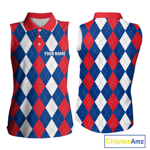 Women sleeveless polo shirt custom red, white and blue argyle plaid pattern golf attire for ladies NQS9847
