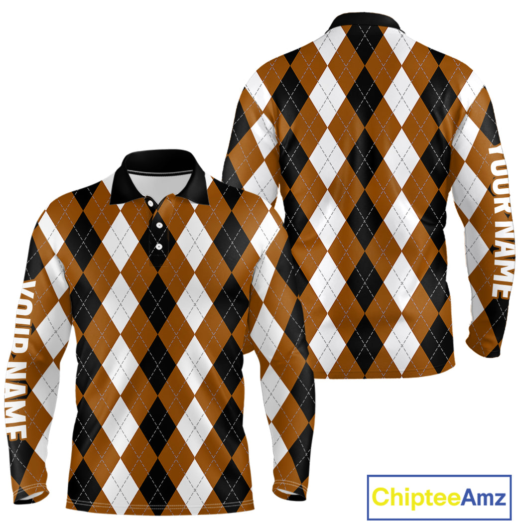 Mens golf polo shirt custom brown argyle plaid pattern golf attire for men NQS9848