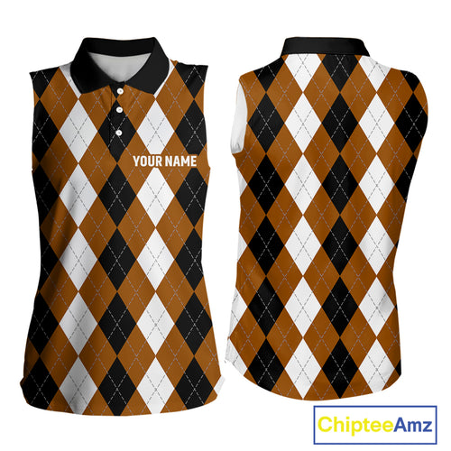 Women sleeveless polo shirt custom brown argyle plaid pattern golf attire for ladies NQS9848