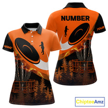 Load image into Gallery viewer, Black and Orange Women Disc golf polo shirts Custom Disc Golf basket forest tree, Disc Golfer Gift NQS10820