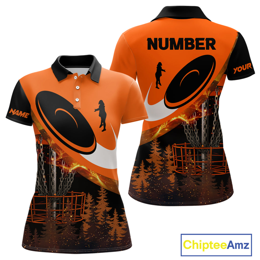 Black and Orange Women Disc golf polo shirts Custom Disc Golf basket forest tree, Disc Golfer Gift NQS10820