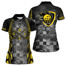 Load image into Gallery viewer, Womens golf polo shirts custom name black racing yellow pattern golf clubs golf outfit for women NQS6095