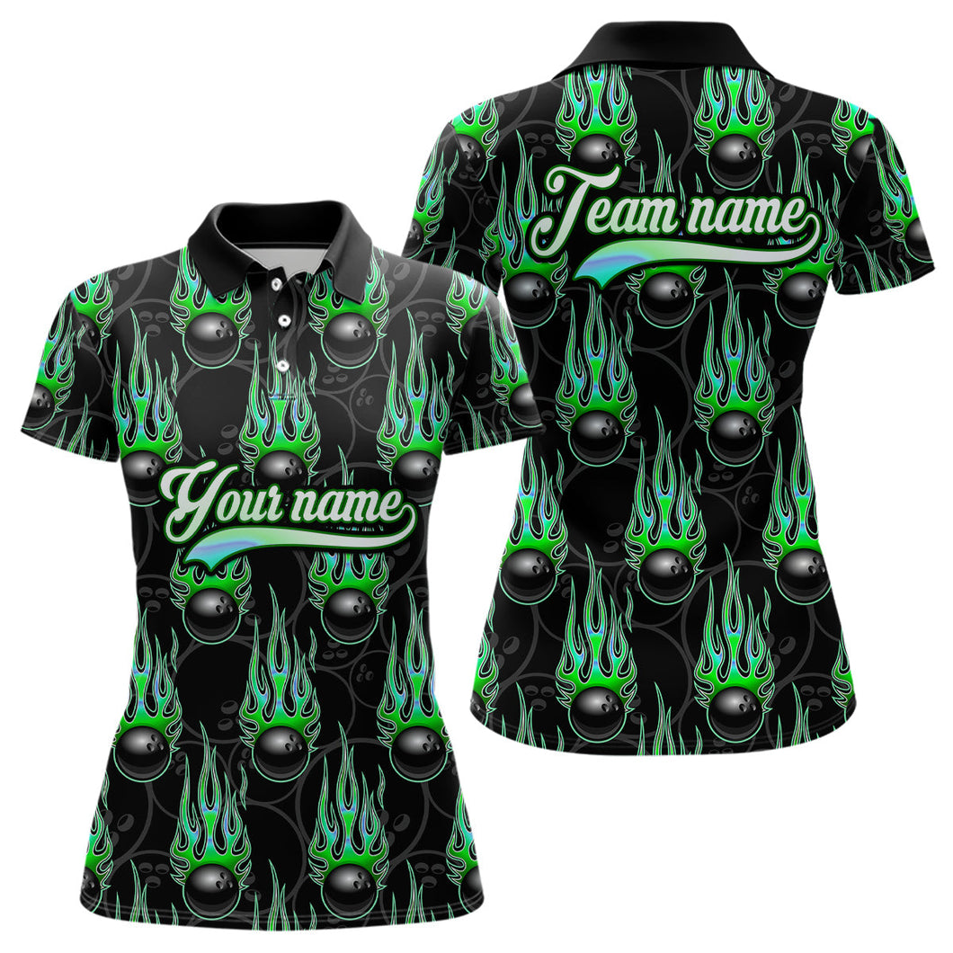 Black Bowling Ball Camo Green Flame Bowling Polo, 1/4 Zip Shirt for Women Custom Bowling Team Jersey NQS9479