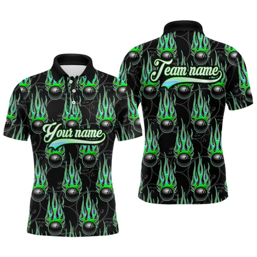 Black Bowling Ball Camo Green Flame Bowling Polo, 1/4 Zip Shirt for Men Custom Bowling Team Jersey NQS9479