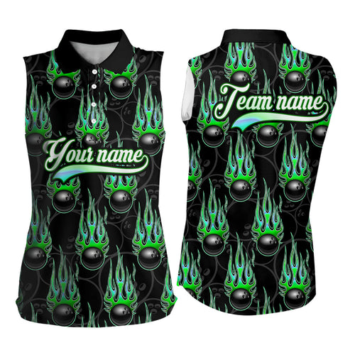 Black Bowling Ball Camo Green Flame Women Bowling Sleeveless Polo Shirt Custom Bowling Team Jerseys NQS9479