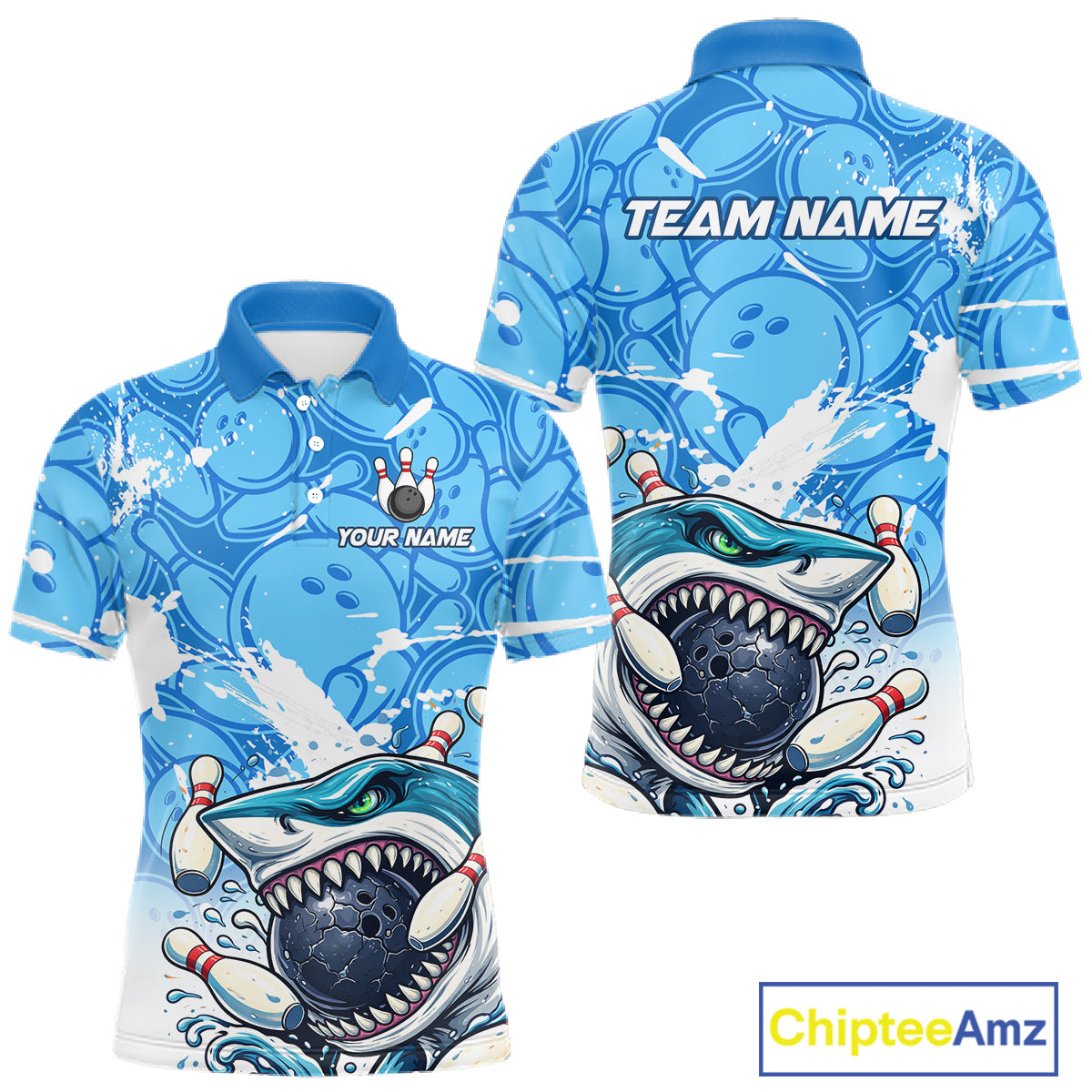 Blue Bowling Camo Angry Shark Bowling Polo, 1/4 Zip Shirts for Men Custom Shark Team Bowling Jerseys NQS11605