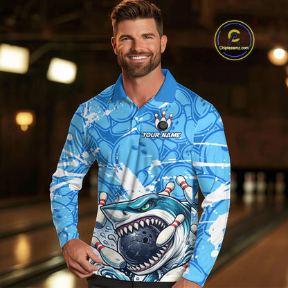 Blue Bowling Camo Angry Shark Bowling Polo, 1/4 Zip Shirts for Men Custom Shark Team Bowling Jerseys NQS11605