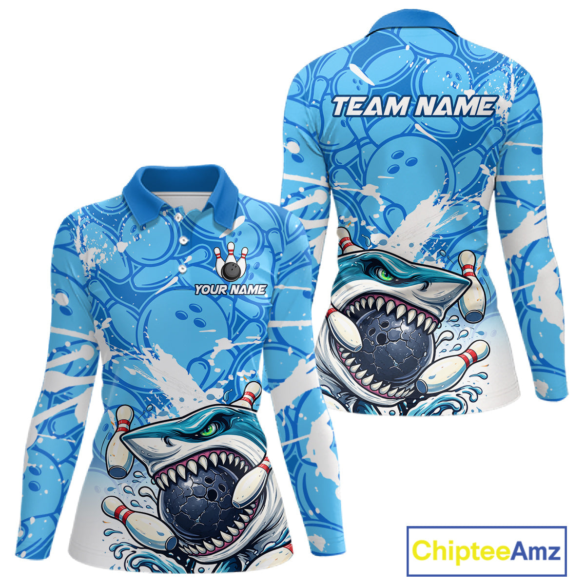 Blue Bowling Camo Angry Shark Bowling Polo, 1/4 Zip Shirts for Women Custom Shark Team Bowling Jersey NQS11605
