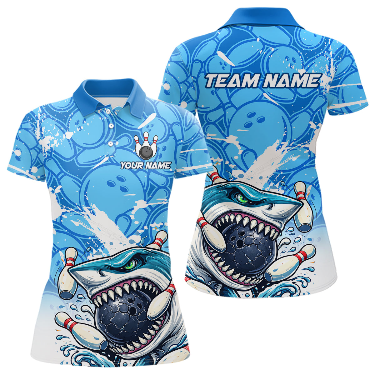Blue Bowling Camo Angry Shark Bowling Polo, 1/4 Zip Shirts for Women Custom Shark Team Bowling Jersey NQS11605