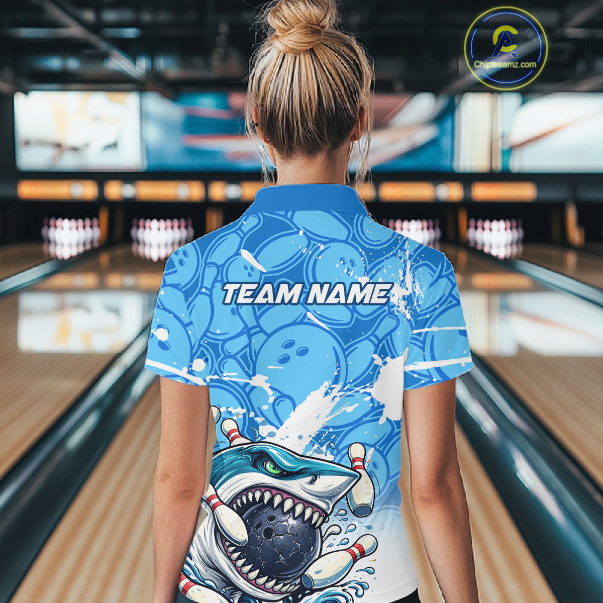 Blue Bowling Camo Angry Shark Bowling Polo, 1/4 Zip Shirts for Women Custom Shark Team Bowling Jersey NQS11605