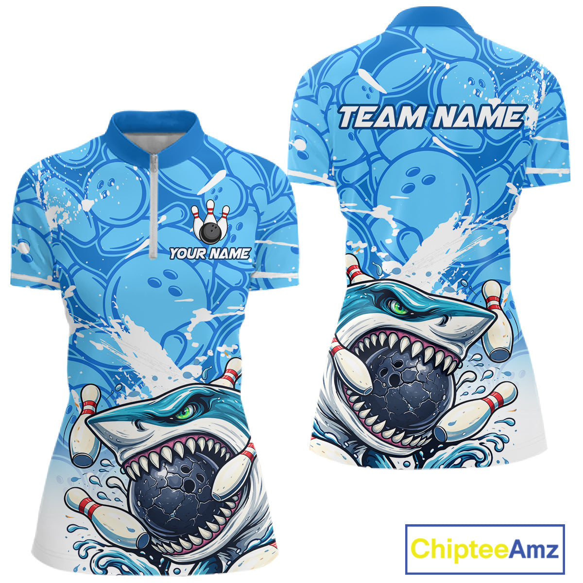 Blue Bowling Camo Angry Shark Bowling Polo, 1/4 Zip Shirts for Women Custom Shark Team Bowling Jersey NQS11605
