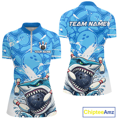 Blue Bowling Camo Angry Shark Bowling Polo, 1/4 Zip Shirts for Women Custom Shark Team Bowling Jersey NQS11605