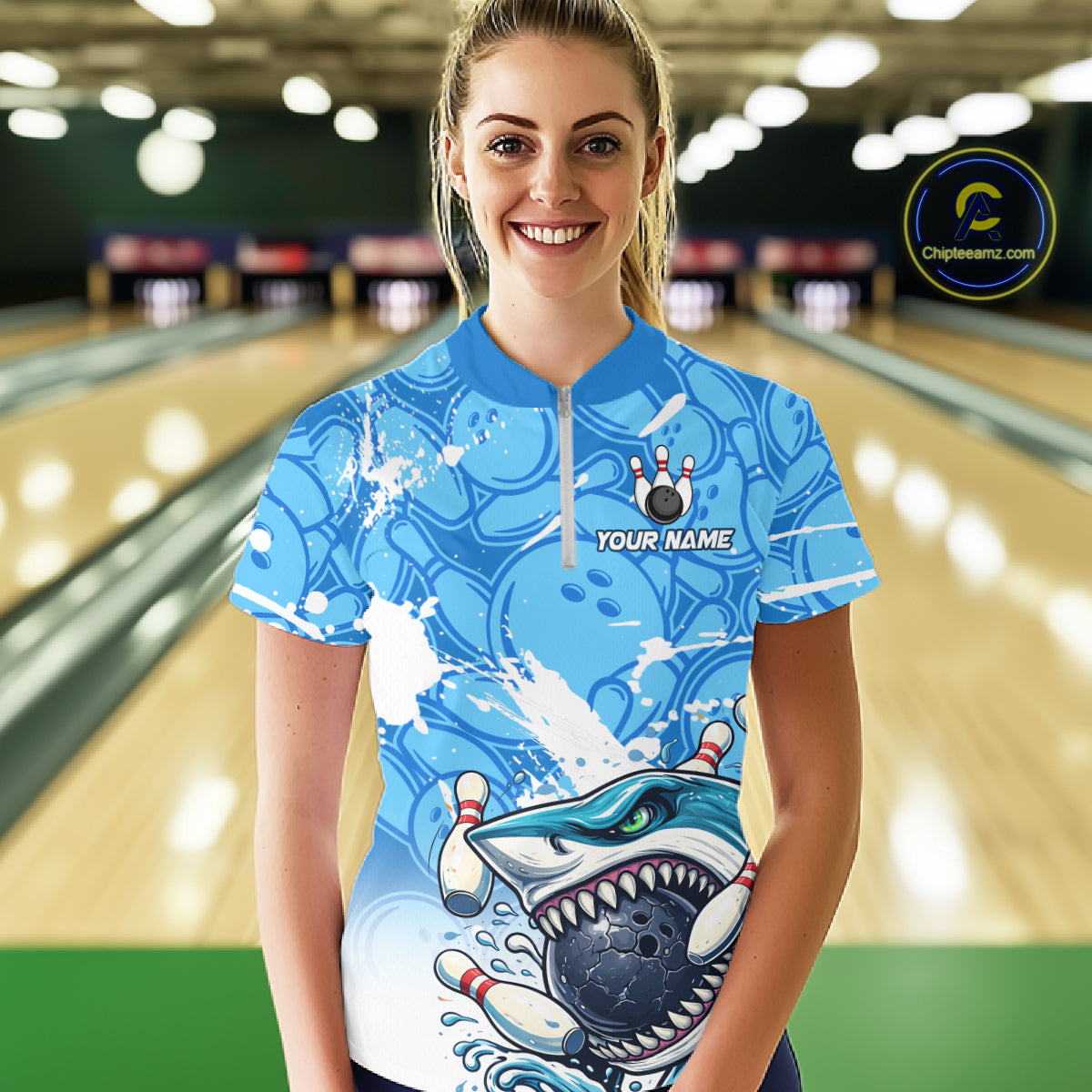 Blue Bowling Camo Angry Shark Bowling Polo, 1/4 Zip Shirts for Women Custom Shark Team Bowling Jersey NQS11605