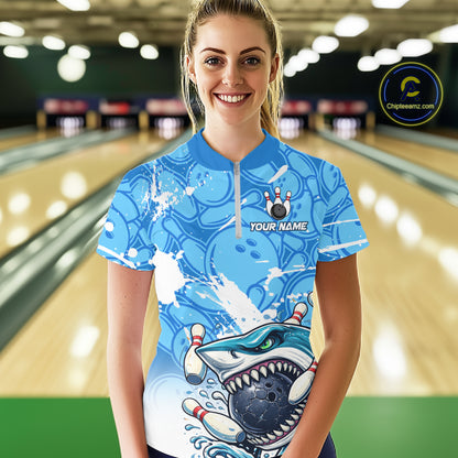 Blue Bowling Camo Angry Shark Bowling Polo, 1/4 Zip Shirts for Women Custom Shark Team Bowling Jersey NQS11605
