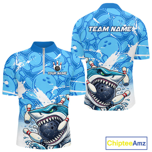 Blue Bowling Camo Angry Shark Bowling Polo, 1/4 Zip Shirts for Men Custom Shark Team Bowling Jerseys NQS11605