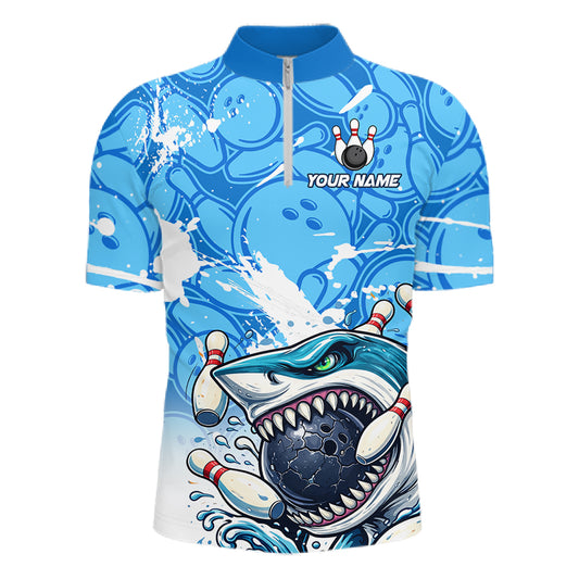 Blue Bowling Camo Angry Shark Bowling Polo, 1/4 Zip Shirts for Men Custom Shark Team Bowling Jerseys NQS11605