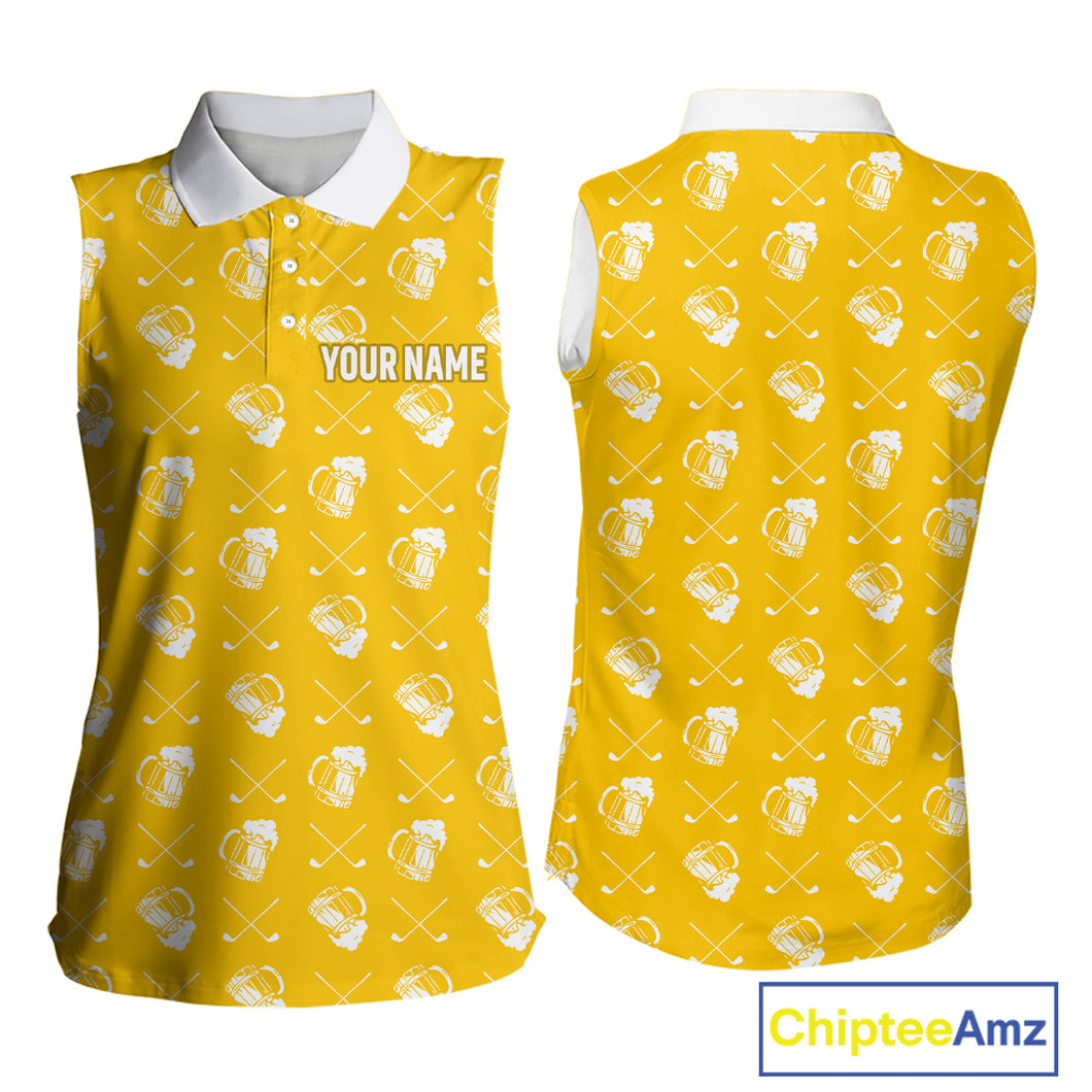 Yellow and white golf pattern Women sleeveless polo shirt custom golf beer outfit ladies golf clothes NQS9855