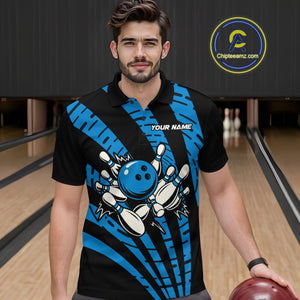 Custom Black and Blue camo Bowling Polo, Quarter Zip Shirt For Mens Custom Team bowling jerseys NQS10608