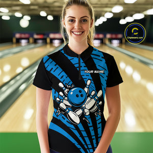Custom Black and Blue camo Bowling Polo, Quarter Zip Shirt For Women Custom Team bowling jerseys NQS10608