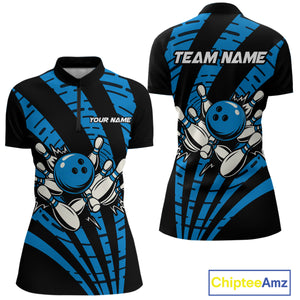 Custom Black and Blue camo Bowling Polo, Quarter Zip Shirt For Women Custom Team bowling jerseys NQS10608
