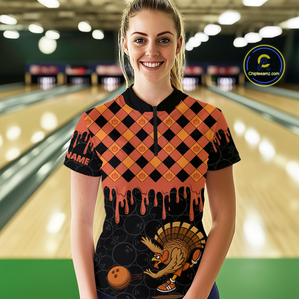 Funny Bowling Turkey Thanksgiving Womens Bowling Shirt Orange Pumpkin Custom Team Bowling Jersey NQS10840