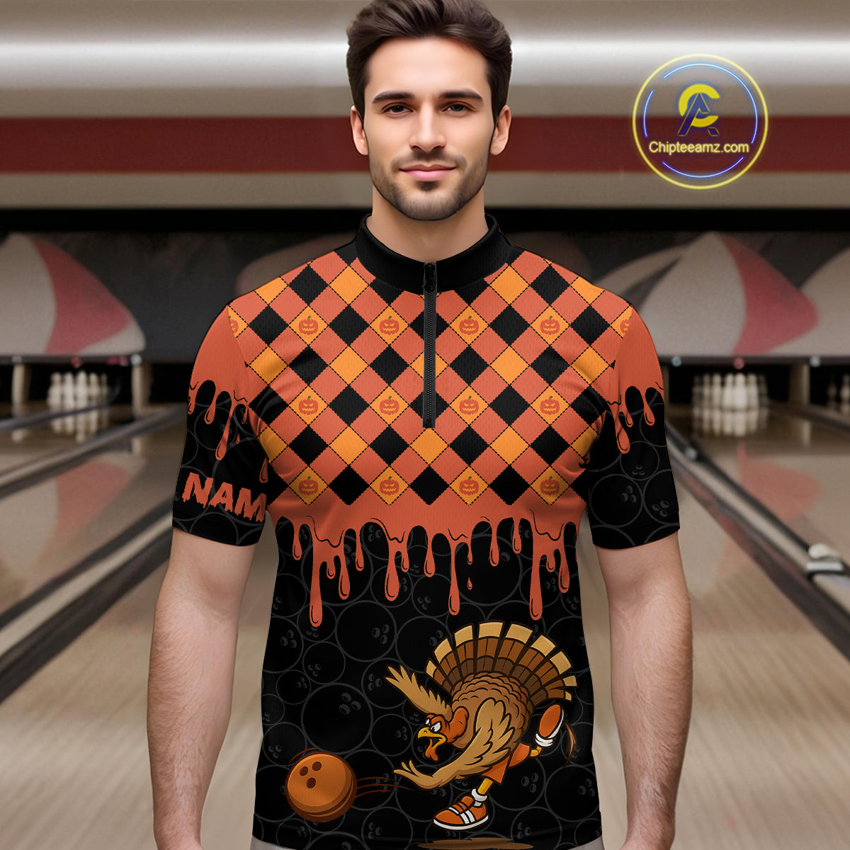 Funny Bowling Turkey Thanksgiving Mens Bowling Shirt Orange Pumpkin Custom Team Bowling Jersey NQS10840