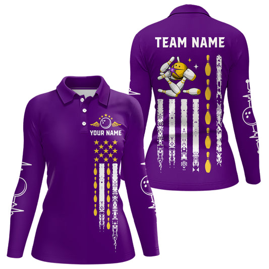 Yellow and Purple Retro American Flag Bowling Shirts For Women Custom Patriotic Bowling Team Jerseys NQS11213