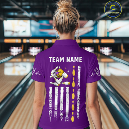 Yellow and Purple Retro American Flag Bowling Shirts For Women Custom Patriotic Bowling Team Jerseys NQS11213