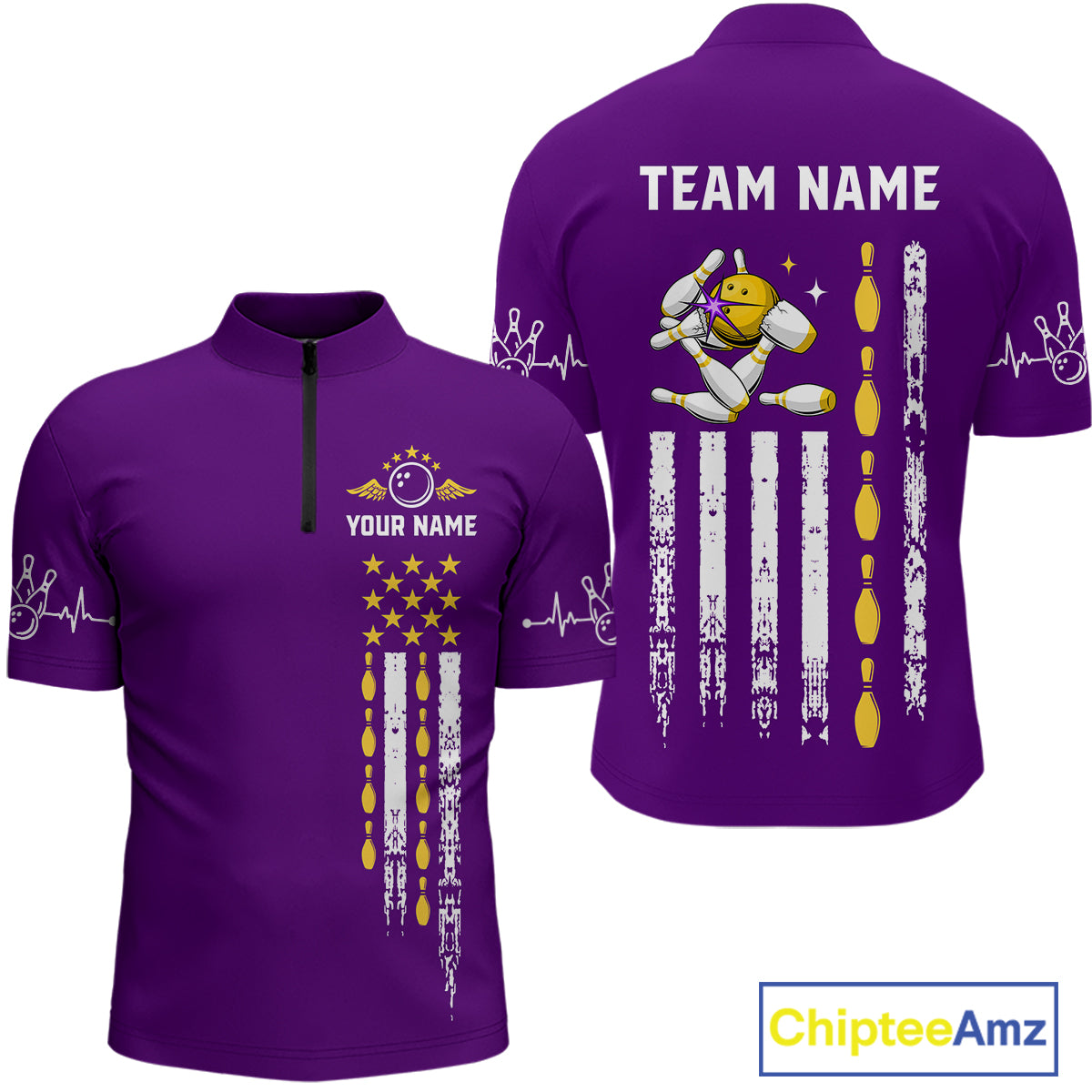 Yellow and Purple Retro American Flag Bowling Shirts For Men Custom Patriotic Bowling Team Jerseys NQS11213