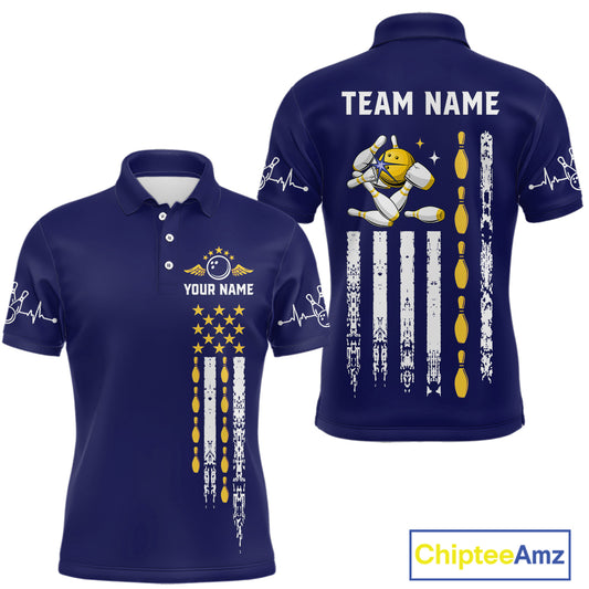 Yellow and Navy Blue Retro American Flag Bowling Shirts For Men Custom Patriotic Bowling Team Jerseys NQS11214