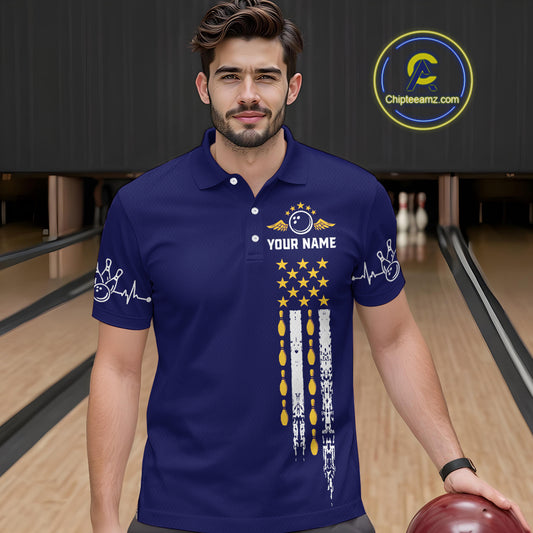 Yellow and Navy Blue Retro American Flag Bowling Shirts For Men Custom Patriotic Bowling Team Jerseys NQS11214