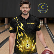 Load image into Gallery viewer, Black and Gold Flame Bowling Shirts For Men Custom Bowling Team League Jersey, Gift For Bowler NQS10439