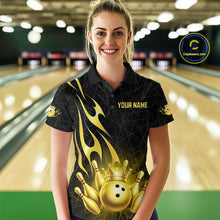 Load image into Gallery viewer, Black and Gold Flame Bowling Shirts For Women Custom Bowling Team League Jersey, Gift For Bowler NQS10439