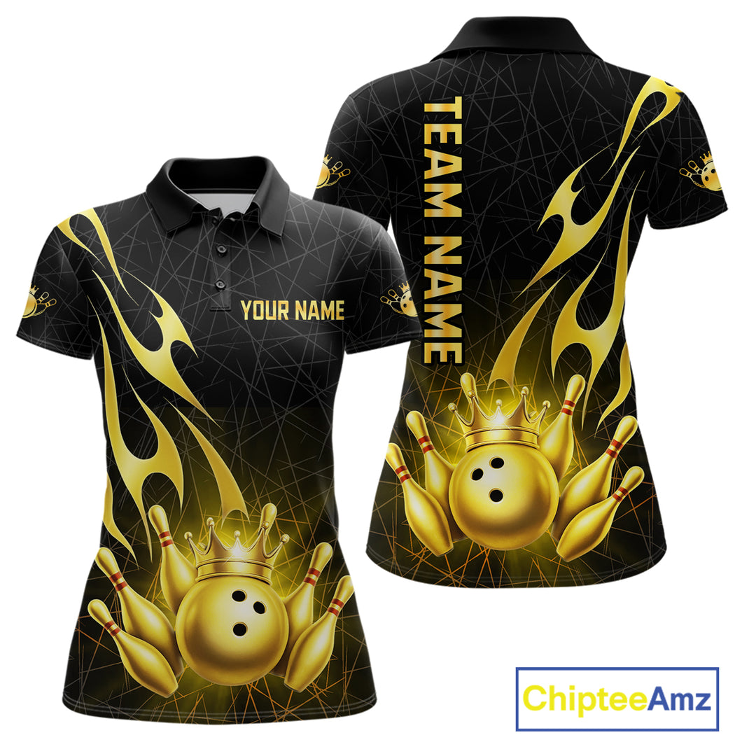 Black and Gold Flame Bowling Shirts For Women Custom Bowling Team League Jersey, Gift For Bowler NQS10439