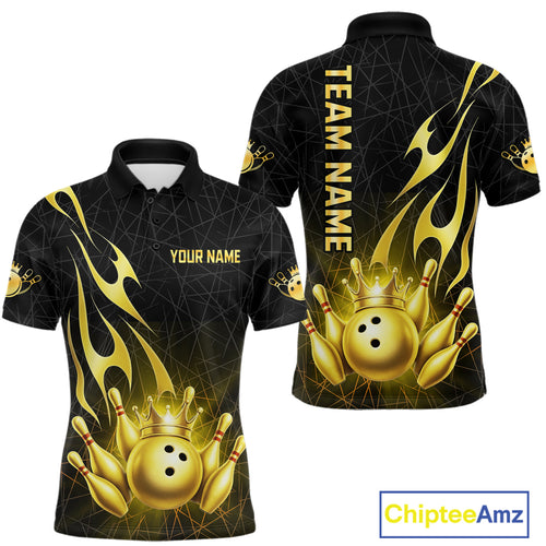 Black and Gold Flame Bowling Shirts For Men Custom Bowling Team League Jersey, Gift For Bowler NQS10439