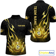 Load image into Gallery viewer, Black and Gold Flame Bowling Shirts For Men Custom Bowling Team League Jersey, Gift For Bowler NQS10439