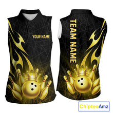 Load image into Gallery viewer, Black and Gold Flame Bowling Sleeveless Polo Shirt Custom Bowling Team League Jersey, Gift For Bowler NQS10439