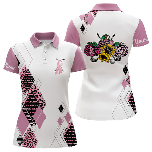 Pink argyle leopard pattern Womens golf polo shirts custom pink ribbon golf shirt for ladies NQS6134