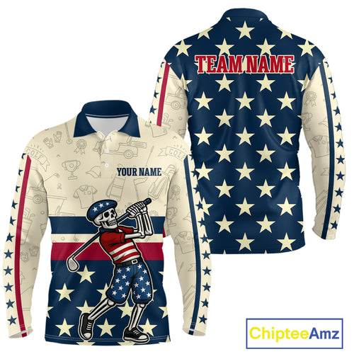 Funny Skull golfer vintage American Flag Custom patriotic golf polo shirts for men, golfing gifts NQS9964