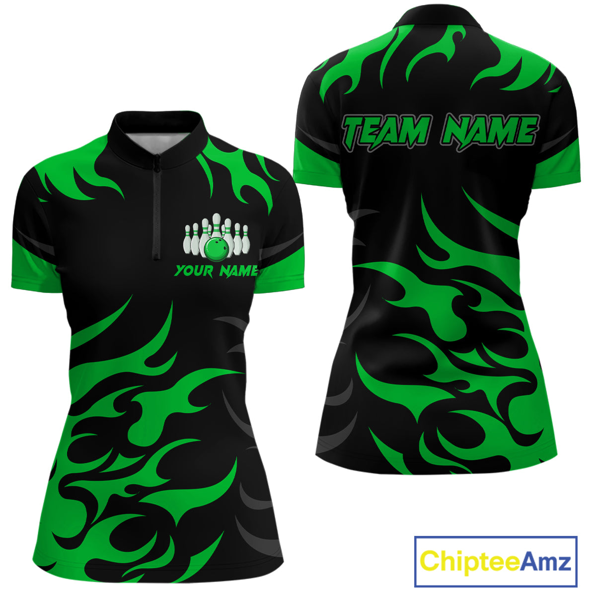 Black and Green Flame Bowling shirts for Women Custom team bowling jerseys, ladies bowling apparel NQS10268
