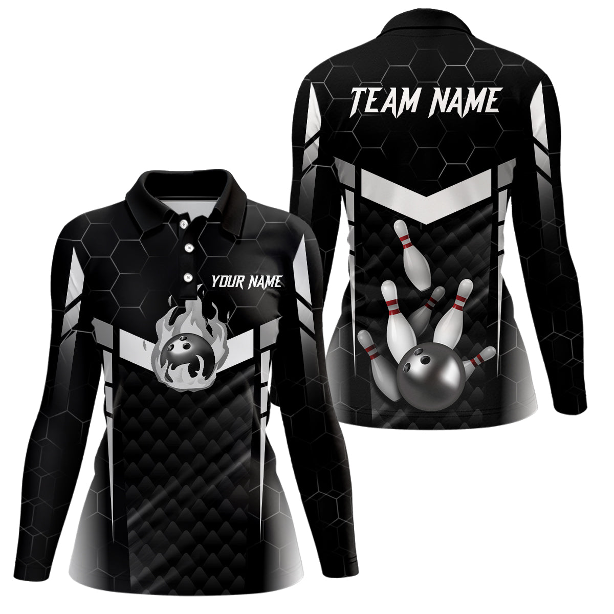 Personalized Bowling Polo, Quarter Zip Shirts For Women Custom Bowling Team Jerseys | Black NQS8479