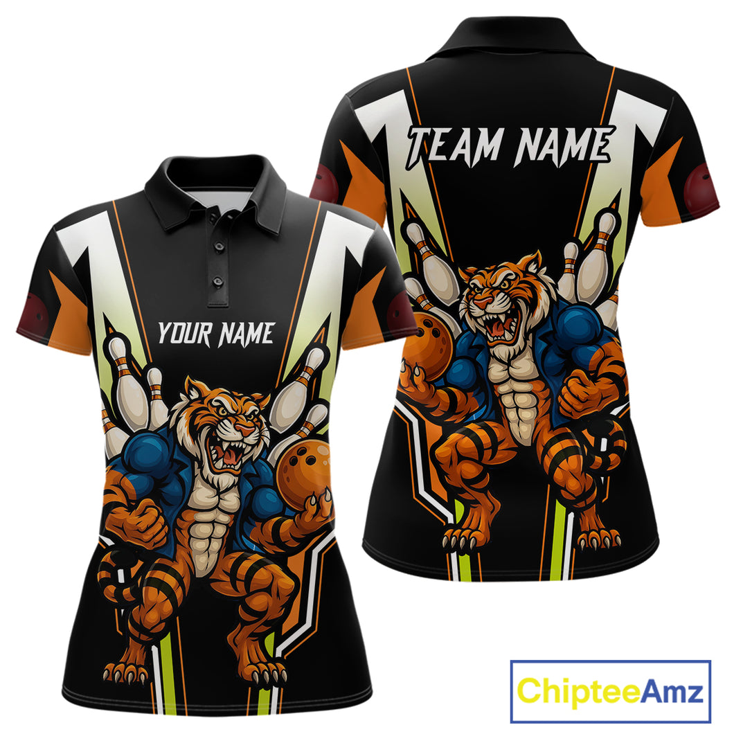 Black and Orange Tiger Bowling Team Polo, Quarter Zip Shirts For Women Custom Tiger Bowling Jerseys NQS11063