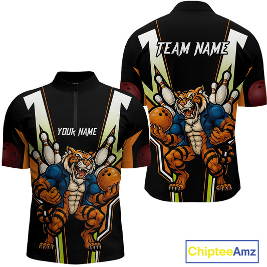 Black and Orange Tiger Bowling Team Polo, Quarter Zip Shirts For Men Custom Tiger Bowling Jerseys NQS11063