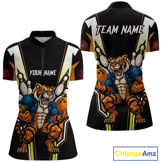 Black and Orange Tiger Bowling Team Polo, Quarter Zip Shirts For Women Custom Tiger Bowling Jerseys NQS11063