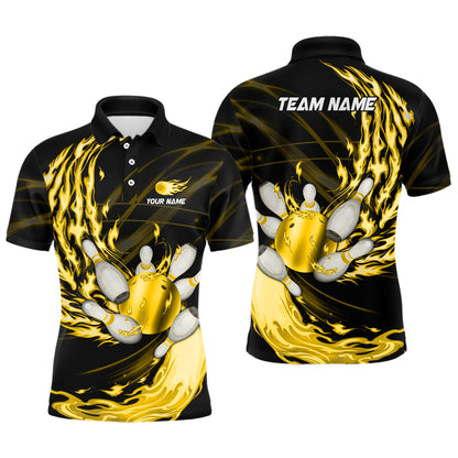 Black Mens bowling shirts Custom Yellow flame Bowling ball and pins Team league bowler Jerseys NQS8485