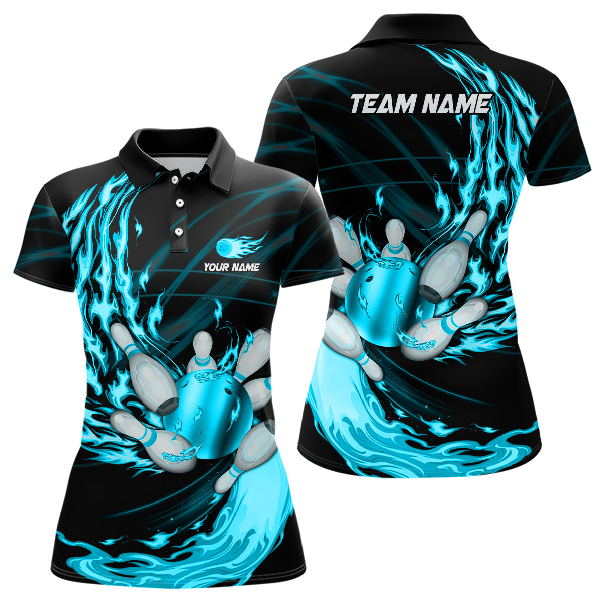 Black Womens bowling shirts Custom Cyan Blue flame Bowling ball and pins Team league bowler Jerseys NQS8486